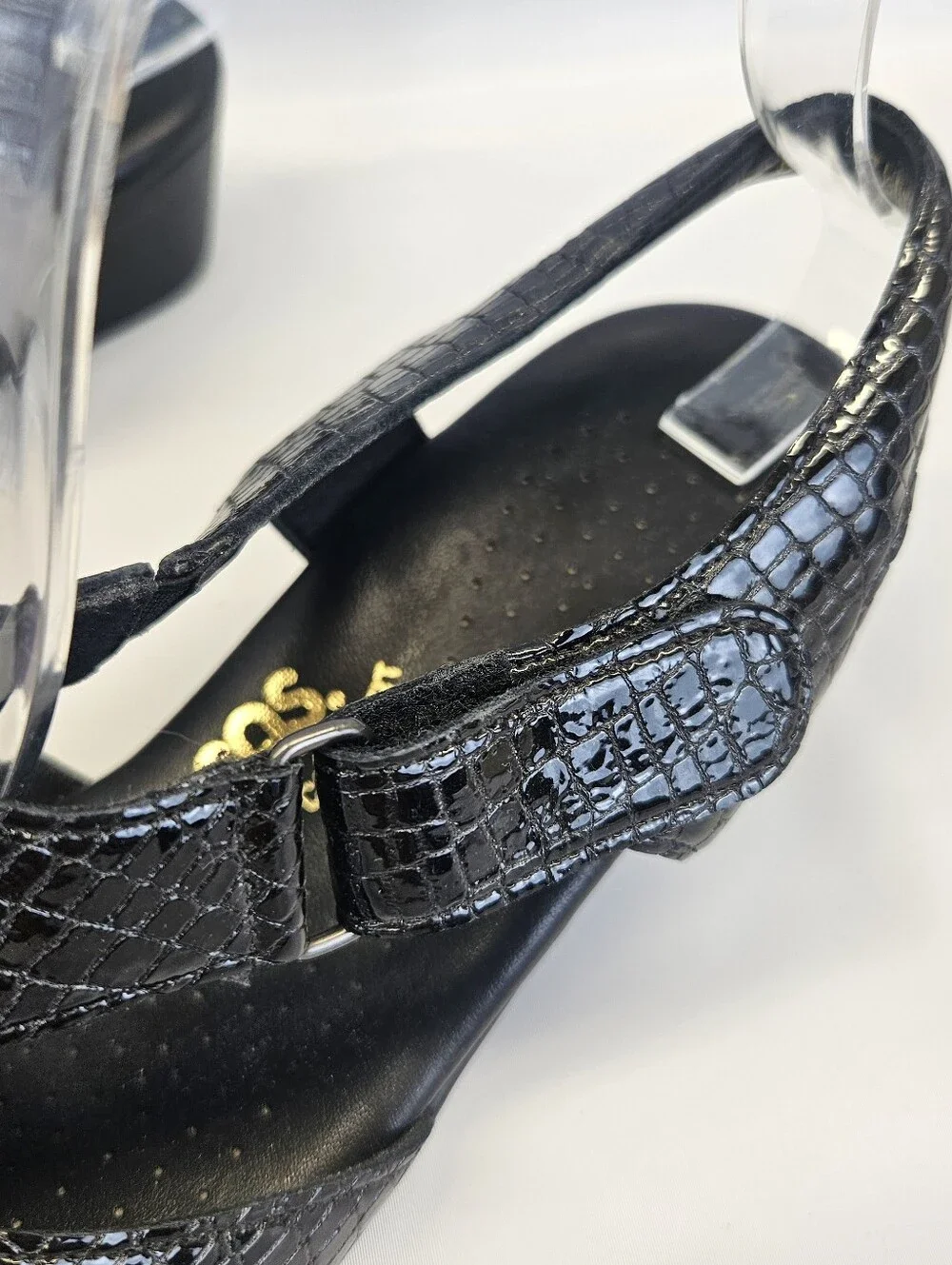 SAS Womens Suntimer Sandals 7.5 WIDE Black Patent Croc Block Heel Strap Shoes